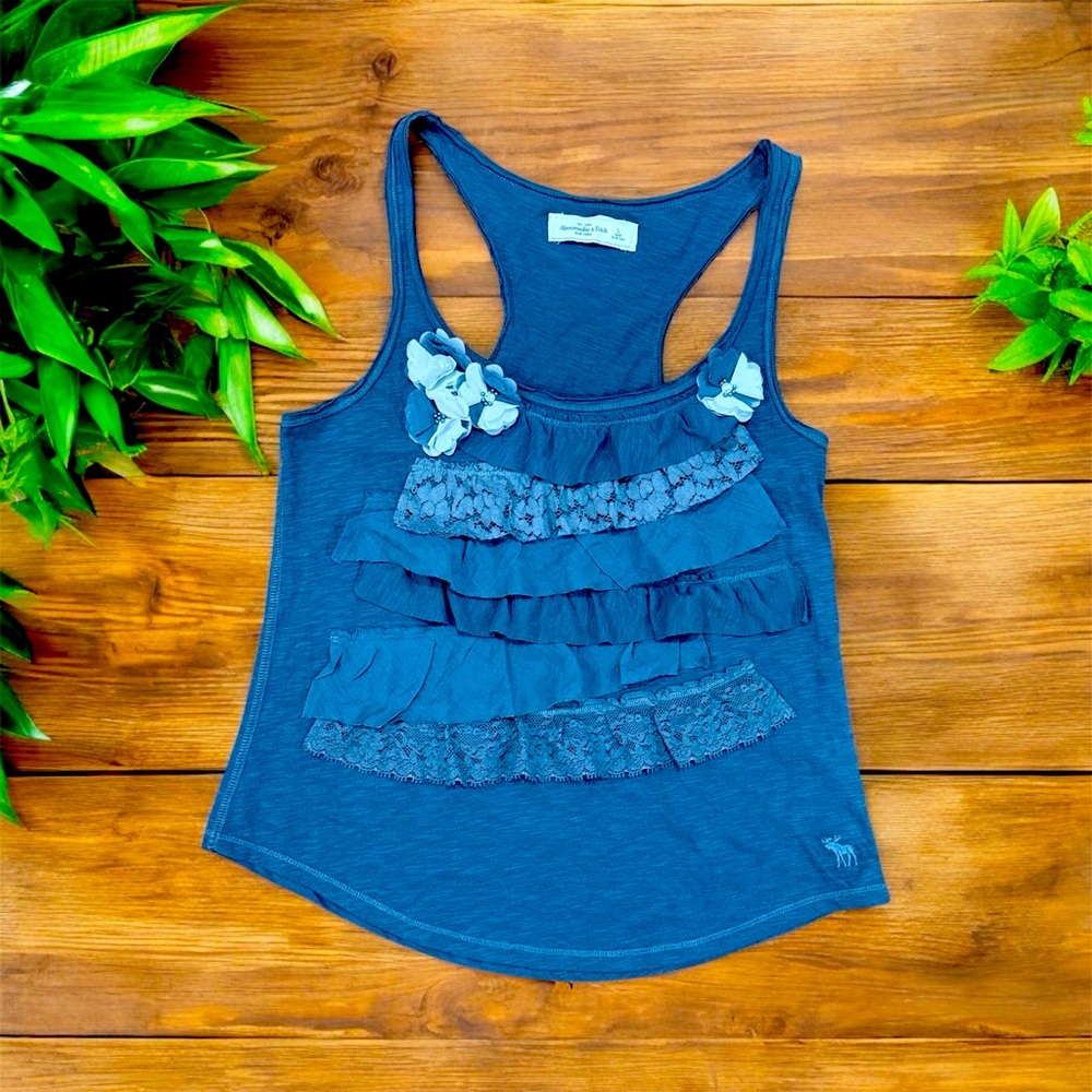 Y2K Abercrombie & Fitch Blue Lace Floral Ruffle Racerback Tank Top Large NEW